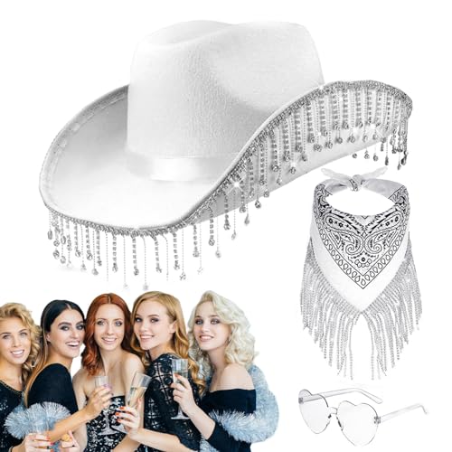 Geteawily Strass-Quasten-Cowgirl-Hut, Strass-Cowgirl-Hüte für Frauen - 3er Set Strass Cowgirl Schal,Western-Cowboyhut mit Herzbrille, Cowgirl-Schal von Geteawily