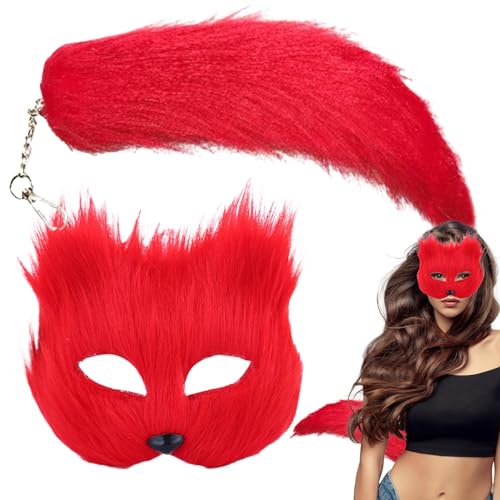 Geteawily Tier-Mas-Cosplay-Set für Mädchen, Tiermaske und Schwanz, Katzen-mas k und Tierschwanz-Set, pelzige Maske und langer Fo-X-Schwanz, halbes Gesicht, Plüsch-Mas, K, für Cosplay, von Geteawily