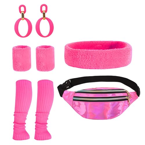 Geteawily Workout Kostüme 80er Jahre Cosplay 80er Jahre Outfit für Frauen Workout Kostüm Set mit Ohrringen Armband Beinwärmer Stirnband Bauchtasche von Geteawily