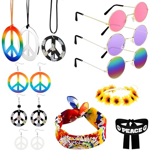 Getyjoe 12 Stück Hippie Kostüm Set Retro Hippie Accessoires Herren Damen Runde Sonnenbrille Friedenszeichen Halskette Peace Ohrringe Sonnenblumen Buntes Hippie Stirnband für 70er 80er Mode Thema Party von Getyjoe