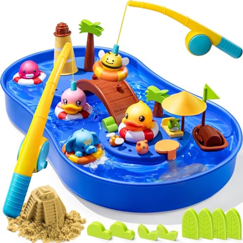 Geyiie Wasserspielset mit magnetischem Angelspiel, 1.0 kg Magic Sand, Strandspielzeug, Wasserspielzeug für Kleinkinder und Babys - 20,5 x 12,6 x 2,4 Zoll von Geyiie