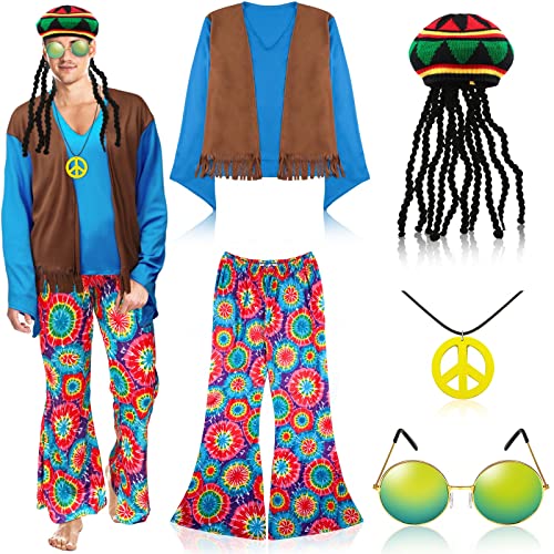 5 Stück 60er 70er Jahre Herren Erwachsene Hippie Kostüm Set Hippie Frieden Liebe Kostüm Hemd mit Faux Wildleder Quasten Weste Boho Blume Hose Fransen Sonnenbrille Frieden Zeichen Halskette Rasta Hut mit Schwarz Dreadlocks von Geyoga