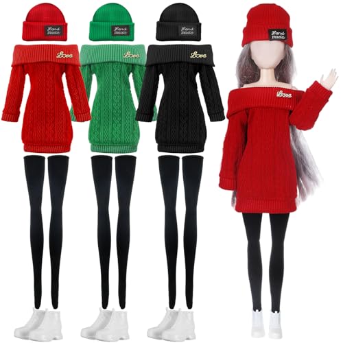 Geyoga 3 Set mit 12 Stück Winter-Weihnachtspuppenkleidung und Zubehör, 30,5 cm Puppenanzug, Puppenhose, Schuhe, Pullover, Outfits, Puppen sind nicht im Lieferumfang enthalten (rot, grün, schwarz) von Geyoga