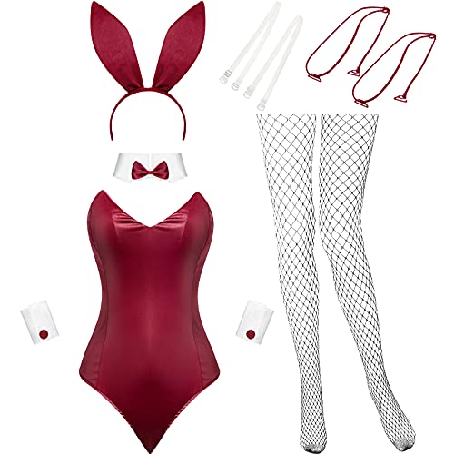 Geyoga Halloween Anime Damen Hase Kostüm Einteiler Bodysuit Kaninchen Haarreif Strümpfe Set Hasen Outfit für Weihnachten Party(Weinrot, L) von Geyoga