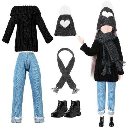 Geyoga Weihnachtliche Puppenkleidung für Mädchen, Puppenzubehör, Winterpuppen-Outfit-Set, einschließlich Pullover, Denim-Hosen, Hüte, Schals, Schuhe für 29,1 cm (11,5 Zoll) Mädchenpuppe (Chic) von Geyoga