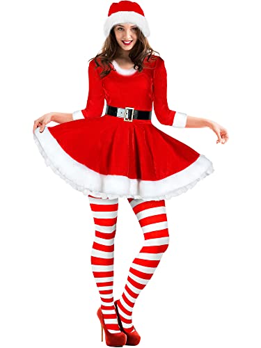 Mrs Claus Kostüm Set Samt Kleid mit Gürtel für Weihnachten Damen Weihnachtsmann Anzug Weihnachten Gestreifte Strumpfhose Weihnachtsmütze Set Kostüm Cosplay (XX-Groß) von Geyoga