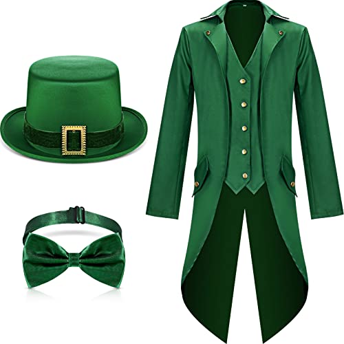 Geyoga St. Patrick's Day Outfit Kobold Kostüme Gothic Vintage Steampunk Frack mit Koboldhut Fliege, Grün , XL von Geyoga