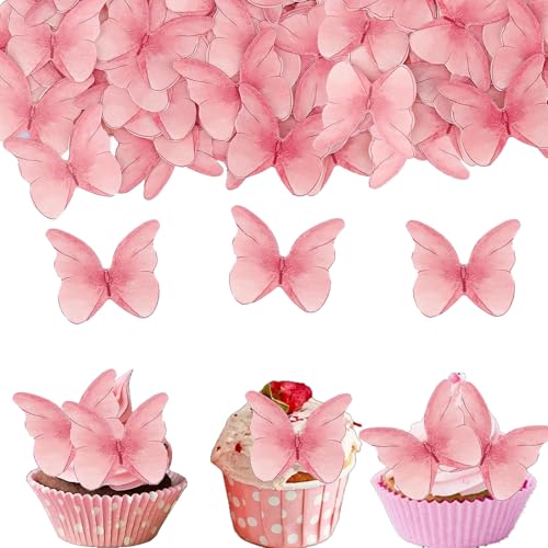 Gfamous Schmetterlinge Cupcake Topper Essbar,48 Stück,Schmetterlinge Essbare Tortendeko,Rosa Schmetterlings Tortendeko Geburtstag,Esspapier Schmetterlinge Tortendeko Essbar,4.7 * 4cm（Rosa） von Gfamous