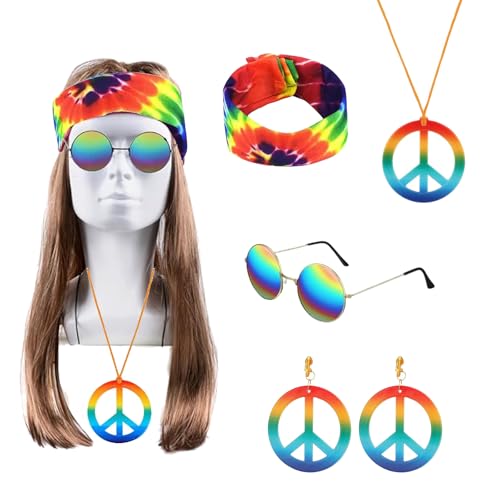 Gfamous Hippie Accessoires,5 Stück,70er Hippie Kostüm Set,Hippie Kostüm Damen Herren, Hippie Perücke Sonnenbrille Peace Halskette Stirnband Ohrringe,Hippie Accessoires von Gfamous