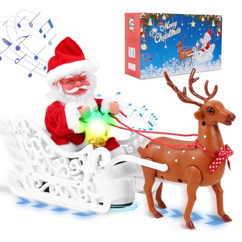 Gfilay Elektro-Weihnachtsmann mit Rentieren und Schlittenspielzeug, der mit Jingle Bell Rock singt und Tanzt, Weihnachtsdeko mit Musik und Lichtern, eine lustige Geschenkidee für Kinder und Familie von Gfilay