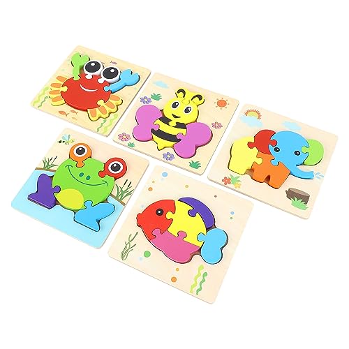 Bunt Bedrucktes 5-teiliges Baby-Puzzle, Pädagogisches Puzzle-Spielzeug in Tierform Zum Anfassen für Kleinkinder, Lernspielzeug aus Holz von Ghzste