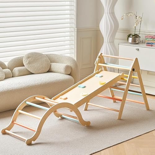 Giant Bean Pastellfarbenes 5-in-1 Pikler-Kletterset mit Rutsche und Kletterbogen, Faltbare Holz Kletterspielzeuge für Kleinkinder, für den Innenbereich Für Kinder im Alter von 2-5 Jahren von Giant bean