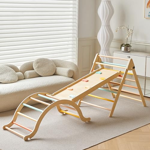 Giant Bean Pastellfarbenes 5-in-1 Pikler-Kletterset mit Rutsche und Kletterbogen, Faltbare Holz Kletterspielzeuge für Kleinkinder, für den Innenbereich Für Kinder im Alter von 2-5 Jahren von Giant bean