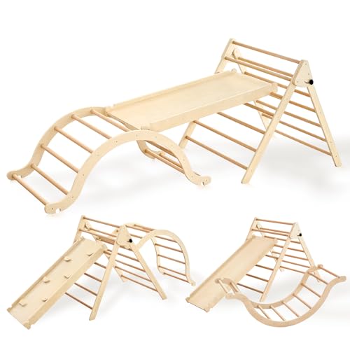 Giant bean 5-in-1 Montessori Kletterdreieck mit Kletterbogen und Rutsche, Holzdreieck für Kleinkinder ab 2-7, Indoor Kletterspielzeug, Hellbraun,L von Giant bean