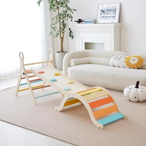 Giant bean 5-in-1 Montessori Kletterdreieck mit Kletterbogen und Rutsche, Holzdreieck für Kleinkinder ab 3+, Indoor Kletterspielzeug, Regenbogen mit Griff, Bunt,S von Giant bean