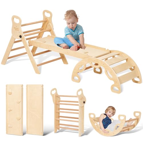 Giant bean 7-in-1 Montessori Kletterdreieck mit Kletterbogen und Rutsche, Holzdreieck für Kleinkinder ab 1-3, Indoor Kletterspielzeug, Regenbogen mit Griff, Hellbraun, S von Giant bean