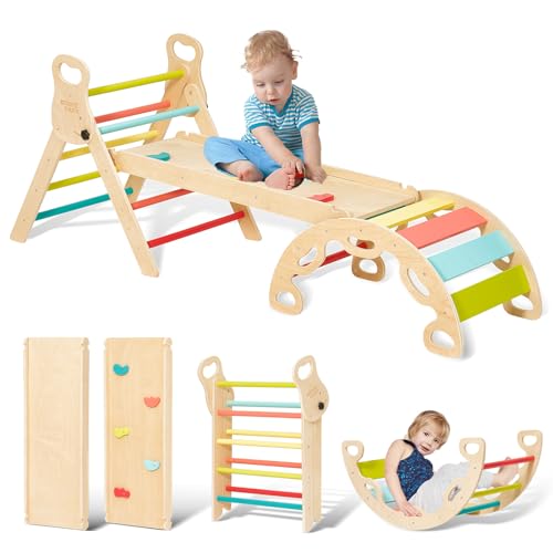 Giant bean 5-in-1 Montessori Kletterdreieck mit Kletterbogen und Rutsche, Holzdreieck für Kleinkinder ab 3+, Indoor Kletterspielzeug,mit Griff, Bunt, S von Giant bean