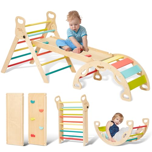 Giant bean 7-in-1 Montessori Kletterdreieck mit Kletterbogen und Rutsche, Holzdreieck für Kleinkinder ab 1-3, Indoor Kletterspielzeug, Regenbogen mit Griff, Hellbraun, L von Giant bean