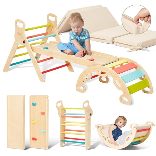 Giant bean 7-in-1 Montessori Kletterdreieck mit Kletterbogen und Rutsche, Holzdreieck für Kleinkinder ab 1 Jahre, Indoor Kletterspielzeug, Regenbogen mit Kissen von Giant bean