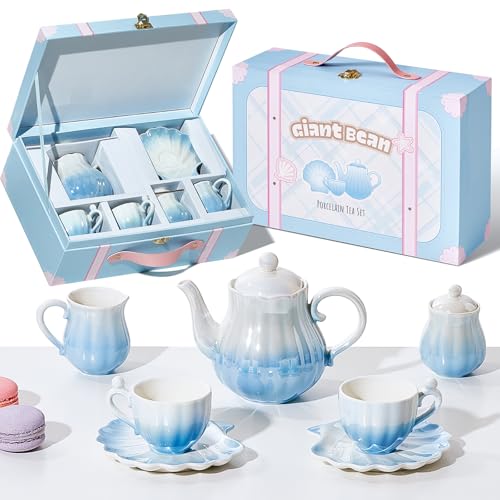 Giant bean Teeservice Kinder Porzellan 10-Teiliges, Perle Blau Serie der britischen Königlichen Prinzessinnen Puppengeschirr Porzellan, Tee Service Set für Kleine Mädchen Kinder 3+ von Giant bean