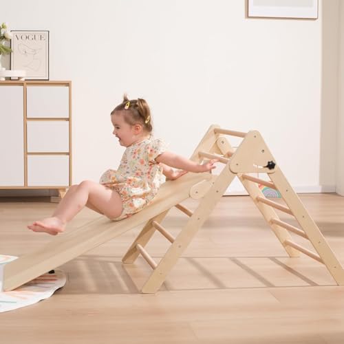 Giant bean 3-in-1 Montessori Kletterdreieck mit Kletterbogen und Rutsche, Holzdreieck für Kleinkinder ab 2-7, Indoor Kletterspielzeug, Hellbraun, M von Giant bean