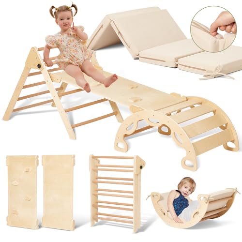 Giant bean Faltbares Holz klettergerüst Indoor Set, Kleinkind Holzkletter Pikler Dreieck mit Schieberampe, Baby-Klettergerüst, kletterdreieck mit Rutsche für Kinder in 3+ Jahren-M von Giant bean