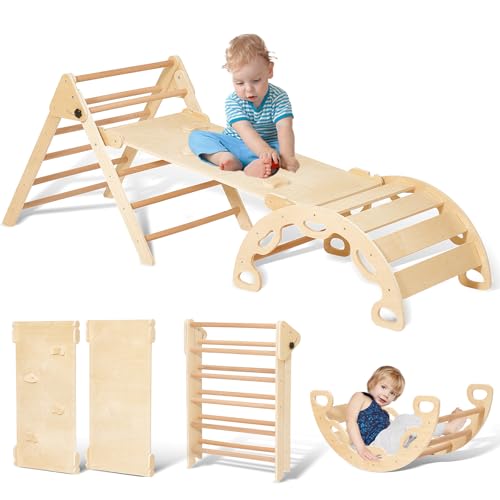 Giant bean Faltbares Kletterdreieck mit Rutsche Set mit Schieberampe & Kletterbogenrampe, 3-in-1-Holzkletterspielzeug für Kleinkinder im Innenbereich, Spielplatz-Klettergerüst für Kinder im Alter Von von Giant bean