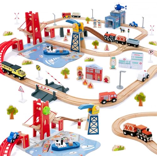 Giant bean Holzeisenbahn Set, 117 Pcs City-Zugset für Kinder Erweiterbares Holzeisenbahn-Set, Kleinkindspielzeug, Geschenk für Jungen und Mädchen ab 3 Jahren von Giant bean