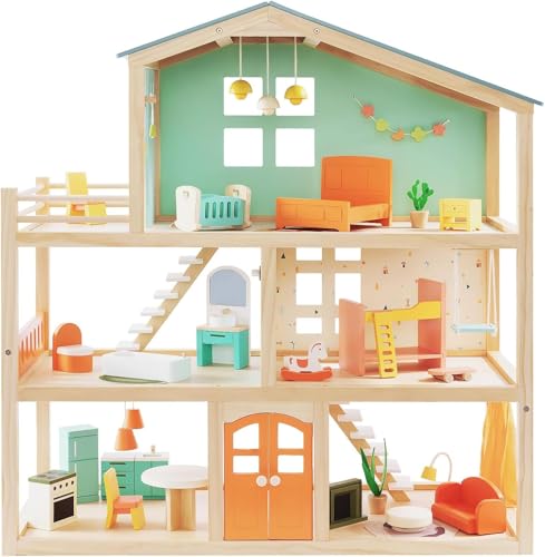 Giant bean Holzpuppenhaus Spielset für Mädchen mit 32 Möbelzubehörteilen, Spielzeuggeschenk für Kinder & Kleinkinder ab 3 Jahren, Set 76 cm Hoch mit Terrasse von Giant bean