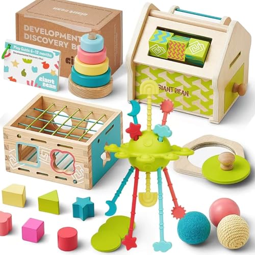 Giant bean Montessori Spielzeug ab 6-12 Monate, 5 in 1 Montessori Spielzeug, Stapelturm | Sensorisches Beißspielzeug | Spiegelpuzzle | Objektpermanenzbox, Geschenk für Baby ab 6 9 12 Monate 1 2 3 Jahr von Giant bean