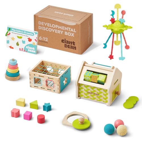 Giant bean Montessori Spielzeug ab 6-12 Monate, 5 in 1 Montessori Spielzeug, Stapelturm | Sensorisches Beißspielzeug | Spiegelpuzzle | Objektpermanenzbox, Geschenk für Baby ab 6 9 12 Monate 1 2 3 Jahr von Giant bean