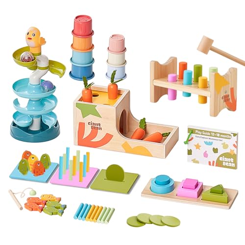 Giant bean Montessori Spielzeug für 12-18 Monat, 8 IN 1 Holz Baby Sensory Spielzeug für 1 2 3, Baby Sortier & Stapelspielzeug Angelspiel Hammerspiel für Jungen und Mädchen Lernspielzeug Geschenk von Giant bean