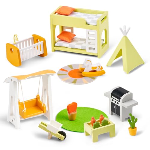 Giant bean Puppenhaus Möbel Set, Holz und Kunststoff Terrassen und Babyzimmer Set, 21 Teiliges Puppenhaus Zubehör Pretend Play Möbel Spielzeug für Jungen, Mädchen und Kleinkinder Wooden von Giant bean