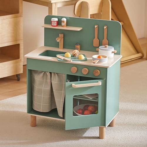 Giant Bean Spielküche Kinderküche Holz Kinder Küche mit Waschbecken, Ofen, Kochgeschirrzubehör und Stauraum, Geschenk für Mädchen Jungen 2 3 4 5 von Giant bean