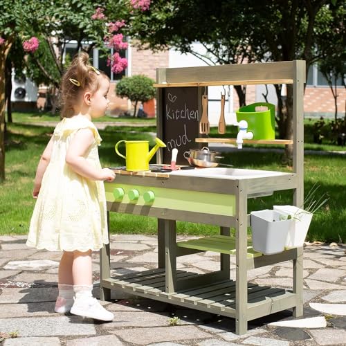 Matschküche Kinder Outdoor, Holzspielzeug-Spielküchenset für Jungen und Mädchen im Alter von 3–8 Jahren, Drinnen und Draußen Outdoor-Aktivitäten mit Wasserspüle Mud Kitchen Playset for Kids von Giant bean