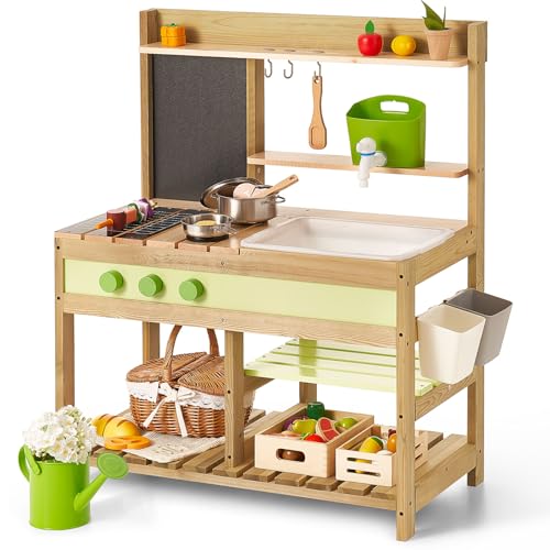 Matschküche Kinder Outdoor, Holzspielzeug-Spielküchenset für Jungen und Mädchen im Alter von 3–8 Jahren, Drinnen und Draußen Outdoor-Aktivitäten mit Wasserspüle Mud Kitchen Playset for Kids von Giant bean