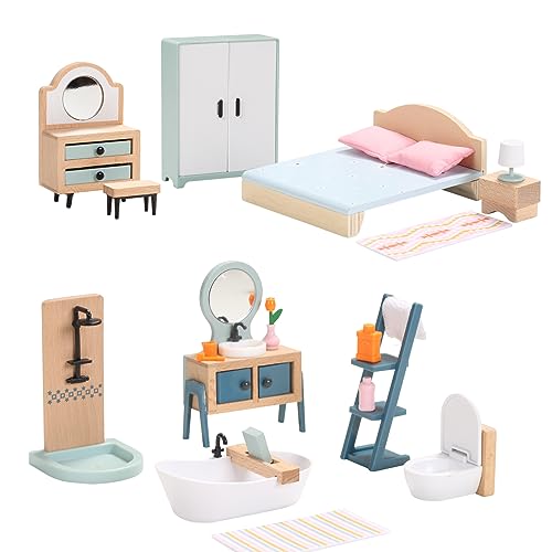 Puppenhaus Möbel Holz Set, Holz und Kunststoff Bad und Schlafzimmer-Set, 24 Teiliges Puppenhaus Zubehör Pretend Play Möbel Spielzeug für Jungen, Mädchen und Kleinkinder Wooden Dollhouse Furniture Set von Giant bean