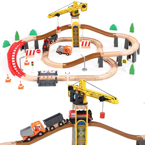 Turmkran Holzeisenbahn Set, 72 Teiliges Batteriebetriebenes Spielzeugeisenbahngleis für Jungen und Mädchen von 3–7 Jahren, passend für Thomas The Train, Brio, Melissa & Doug und Eisenbahntisch von Giant bean