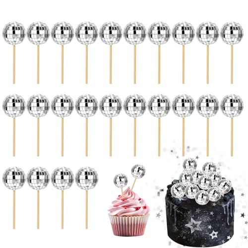 Giantree 24 Stück Discokugel Tortendeko, Disco Cupcake Toppers Discokugel Kuchen Toppers Disco Deko Silberne Spiegelkugel Mini Disco Kugeln Toppers für Disco-Thema Party Zubehör von Giantree