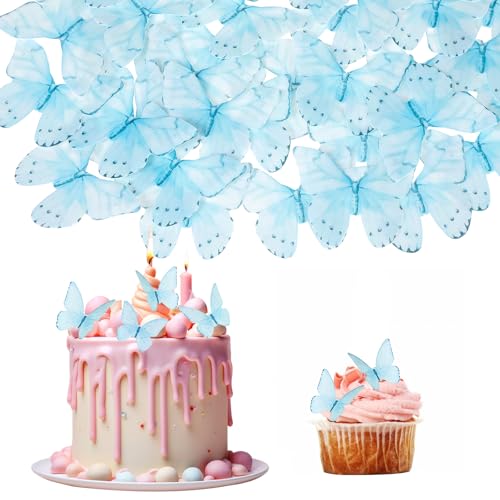 Giantree 48 Stück Schmetterlinge Tortendeko, Oblatenpapier Deko Essbare Schmetterlinge für Torte Blau Schmetterlinge Deko Kuchen Essbare Tortendeko für Geburtstag Cupcake Muffin(Blau) von Giantree