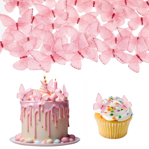 Giantree 48 Stück Schmetterlinge Tortendeko, Oblatenpapier Deko Essbare Schmetterlinge für Torte Rosa Schmetterlinge Deko Kuchen Essbare Tortendeko für Geburtstag Cupcake Muffin(Rosa) von Giantree