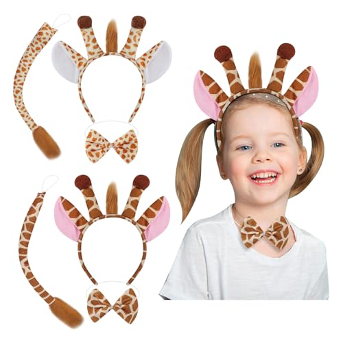 Gibocot 2 Sets Giraffe Kostüm Zubehör für Kinder Erwachsene, inklusive Giraffenohren Stirnband Schwanz Fliege, Dschungel Tier Giraffe Verkleidung Outfit für Karneval Weltbuchtag Geburtstag Cospaly von Gibocot