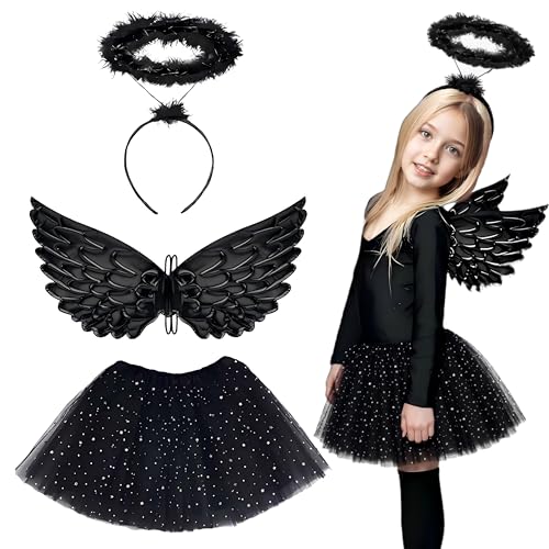 Gibocot 3 Stück Mädchen Gefallener Engel Kostüm Set mit schwarzem Tutu Rock, Dunklen Engelsflügeln & Heiligenschein, Halloween Verkleidung Outfit für 3-8 Jahre Kinder Trick or Treat Cosplay Karneval Gibocot 3 Stück Mädchen Gefallener Engel Kostüm Set mit schwarzem Tutu Rock, Dunklen Engelsflügeln & Heiligenschein, Halloween Verkleidung Outfit für 3-8 Jahre Kinder Trick or Treat Cosplay Karneval von Gibocot