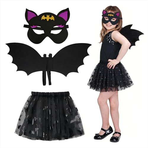Gibocot 3-teiliges schwarzes Fledermausflügel-Kostüm für Mädchen, 3–10 Jahre, Halloween-Vampir-Kostüm, Outfit mit Tutu-Rock, Fledermaus-Augenmaske und Flügeln für Süßes oder Saures, Weltbuchtag Gibocot 3-teiliges schwarzes Fledermausflügel-Kostüm für Mädchen, 3–10 Jahre, Halloween-Vampir-Kostüm, Outfit mit Tutu-Rock, Fledermaus-Augenmaske und Flügeln für Süßes oder Saures, Weltbuchtag von Gibocot