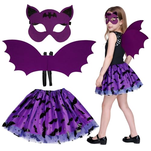 Gibocot Fledermausflügel-Kostüm für Mädchen im Alter von 3–10 Jahren, Halloween-Vampir-Kostüm, Outfit mit Tutu-Rock, Fledermaus-Augenmaske und Flügeln für Süßes oder Saures, Weltbuchtag, Cosplay Gibocot Fledermausflügel-Kostüm für Mädchen im Alter von 3–10 Jahren, Halloween-Vampir-Kostüm, Outfit mit Tutu-Rock, Fledermaus-Augenmaske und Flügeln für Süßes oder Saures, Weltbuchtag, Cosplay von Gibocot