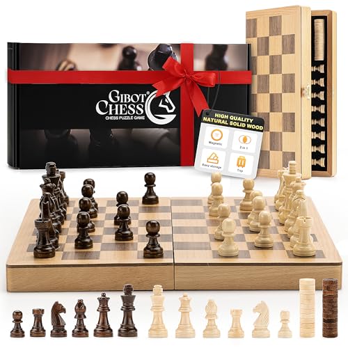 Gibot Magnetisches Schachspiel, 2 in 1 Schach und Dame Spiel Holz, Schachspiel Holz Hochwertig, Chess Board, Tragbares und Klappbares Schachbrett für Kinder und Erwachsene, Reiseschach, 30 x 30cm von Gibot