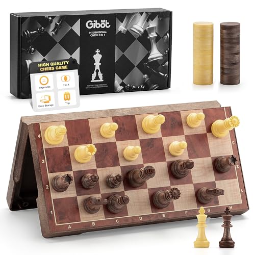 Gibot Magnetisches Schachspiel-Set, 2 in1 Schach und Dame, 23.3x23.3cm Reiseschachbrett, Klappbar, Ideal für Kinder und Erwachsene, Drinnen, Draußen, auf Reisen von Gibot