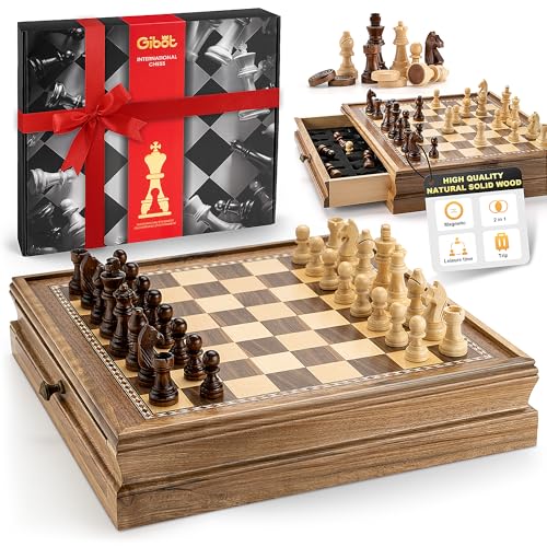 Gibot Schach und Dame Spiel Holz, 2 in 1 Handgefertigt Schach mit Aufbewahrungsschublade, Senior Nussbaum Magnetisches Schachspiel Brettspiel Geschenk für Party Familie Aktivitäten, 32x32cm von Gibot