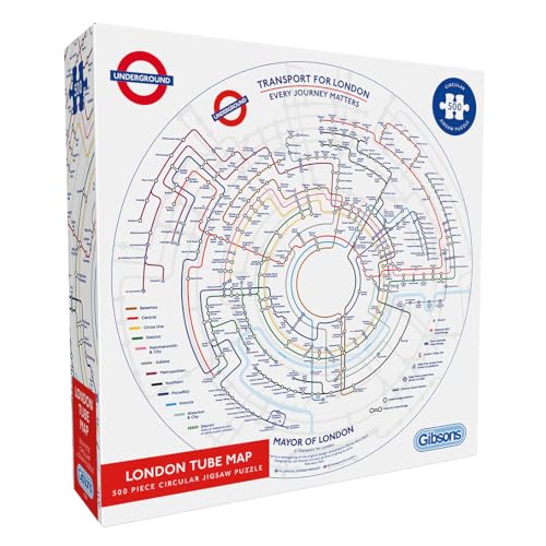 Gibsons TfL Runde U-Bahn-Karte, 500-teiliges rundes Puzzle für Erwachsene, Großbritannien, London, Verkehr, hergestellt in Großbritannien, nachhaltiges Premium, 100% recyceltes Brett, tolles Geschenk Gibsons TfL Runde U-Bahn-Karte, 500-teiliges rundes Puzzle für Erwachsene, Großbritannien, London, Verkehr, hergestellt in Großbritannien, nachhaltiges Premium, 100% recyceltes Brett, tolles Geschenk von Gibsons