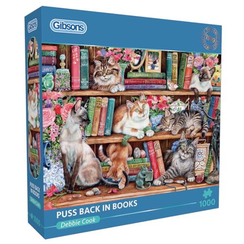 Puss Back in Books, 1000 Teile Puzzle, Katzenpuzzle, nachhaltiges Puzzle für Erwachsene, 100 % recyceltes Premium-Karton, tolles Geschenk für Erwachsene, Gibsons Games von Gibsons